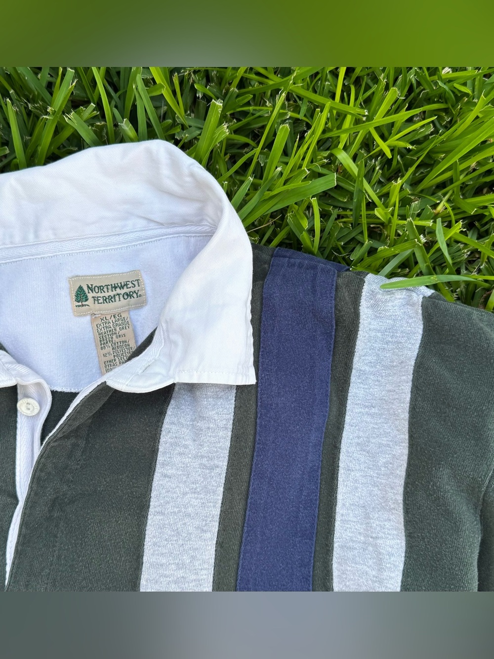 Northwest Territory Men's XL Rugby Polo Olive White Gray Navy Stripe Button Coll